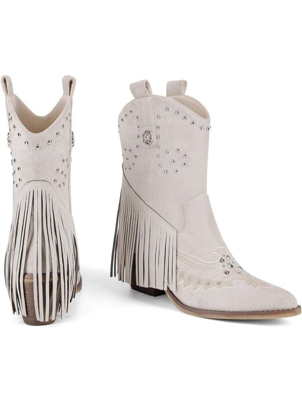 Women's Grey Tassel Fringe Pointed Toe Western Chunky Heel Cowgirl Heeled Boots - Picture 5 of 7